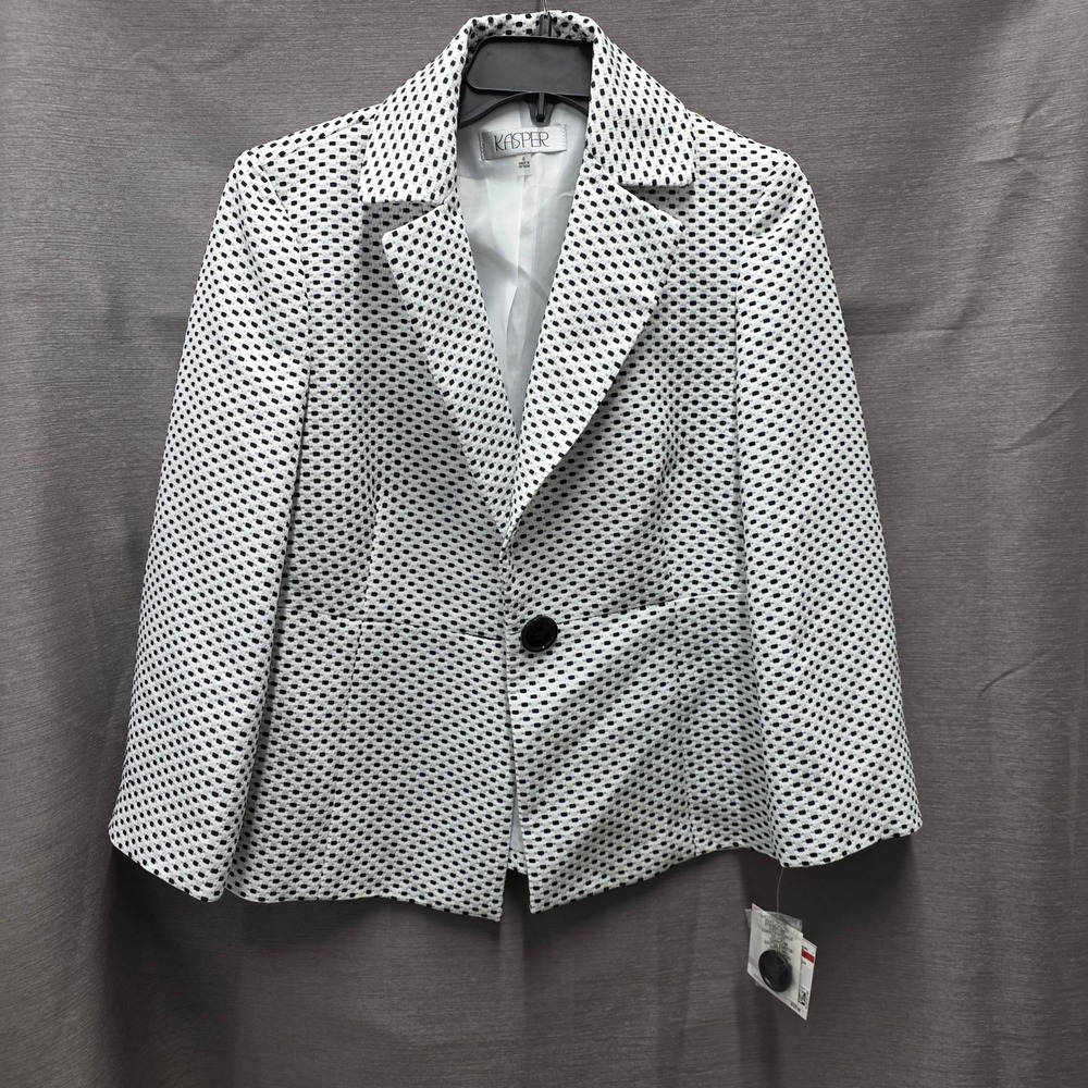 Kasper Womens White Black Textured One Button Blazer Jacket Size 6